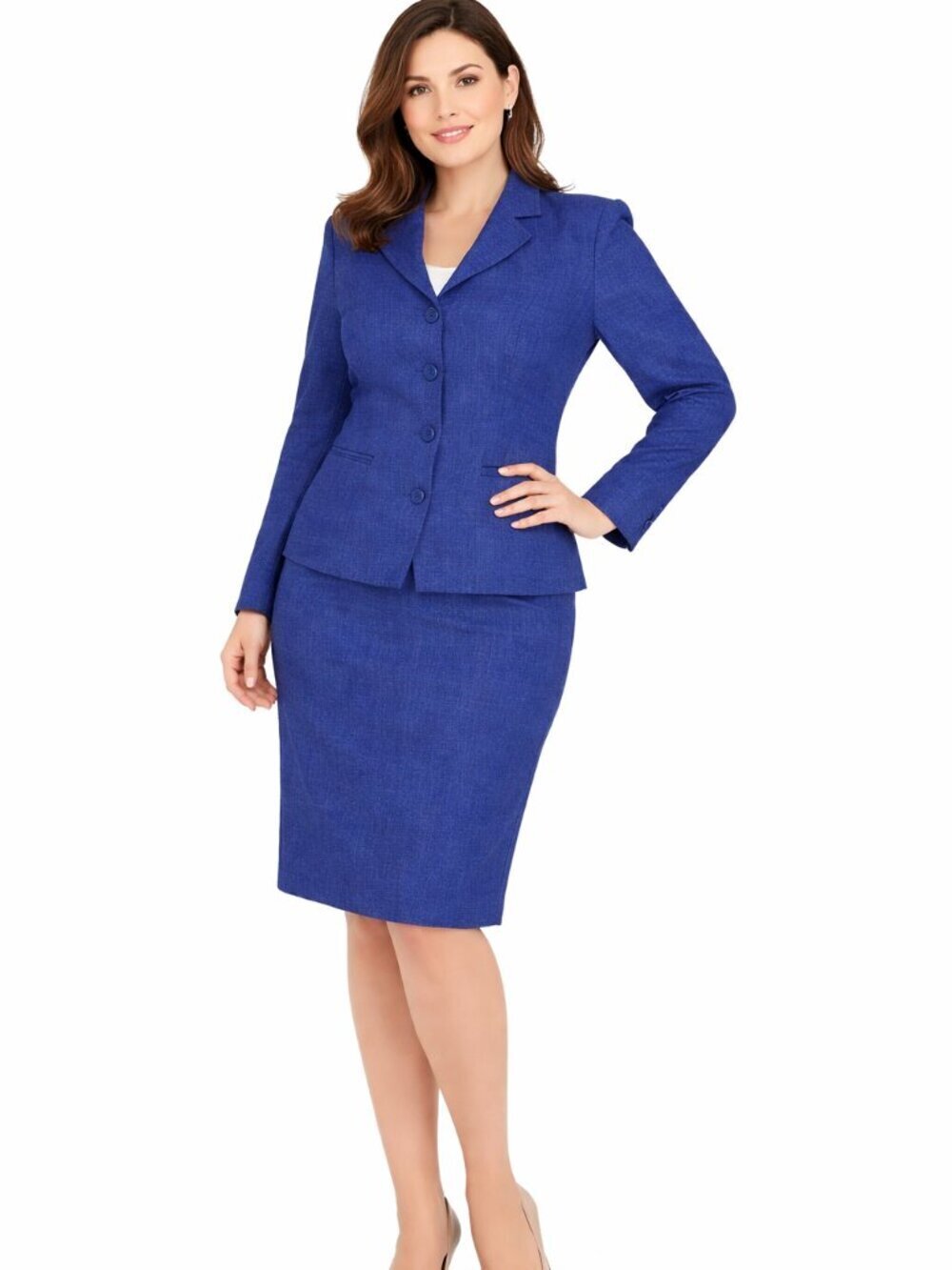 Sag Harbor Midi Skirt Suit Size 12P Blue Long Sleeve Notch Collar 4 Button